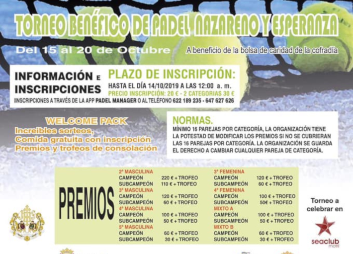 El torneo benéfico de pádel Nazareno y Esperanza recaudará fondos para la bolsa de caridad de la hermandad